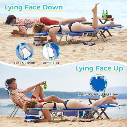 #WEJOY Folding Tanning Chair with Face Hole, 5 Positions Face Down Beach Lounge Chairs with Pillow for Outside Sunbathing Poolside (Blue/Green) - color: Readease-face Hole Blue/Green, style: ReadEase 5 Position Face Hole