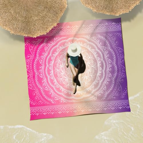 Sunlit Silky Soft Sand Proof Beach Blanket 106"x81" / 85"x72" Sand Proof Mat with Corner Pockets and Mesh Bag for Beach Party, Travel, Camping and Outdoor Music Festival, Mandala - color: Purple Red, size: 120"x108"