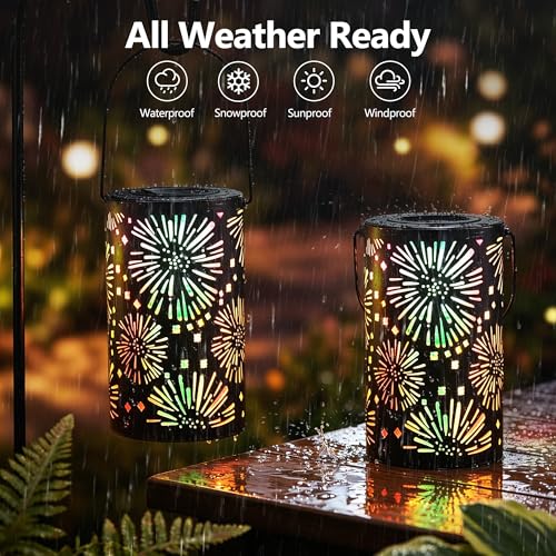 Brizled Solar Lantern Outdoor, July 4th Firework Lanterns Colorful, Waterproof LED Solar Tabletop Lamp, 2 Pack Hanging Solar Garden Lanterns, Metal Garden Pathway Lighting for Patio Path Porch Balcony - size: 2 Pack, style: Firework Lantern Light