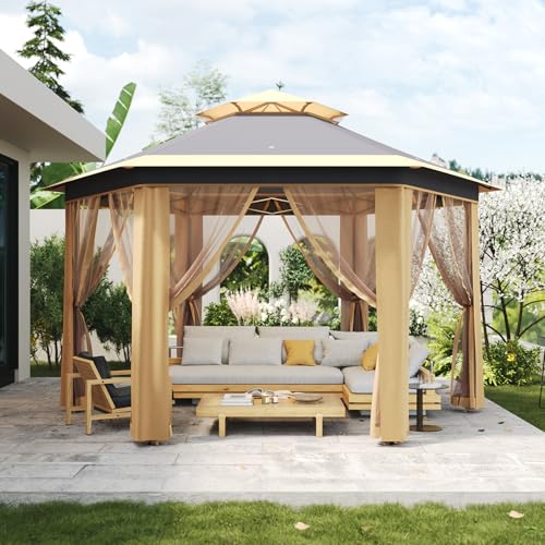 13X13 Pop Up Gazebos,Outdoor Canopy Tent with Mosquito Netting, Double Vented Roof Sun Shelter with Adjustable Heights,Outdoor Gazebo for Backyard & Patio Furniture.（Khaki-Six Sides Gazebos） - color: Khaki Beige