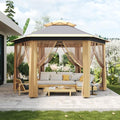 13X13 Pop Up Gazebos,Outdoor Canopy Tent with Mosquito Netting, Double Vented Roof Sun Shelter with Adjustable Heights,Outdoor Gazebo for Backyard & Patio Furniture.（Khaki-Six Sides Gazebos） - color: Khaki Beige