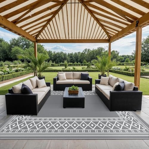 GENIMO Outdoor Rug Waterproof for Patio Decor, 10'x20' Foldable Reversible Plastic Straw Carpet, Outside Area Mat for Rv, Deck, Picnic, Porch, Camper, Balcony, Beach, Grey & White - color: Grey & White | Natural, size: 10' x 20' (Rectangular)
