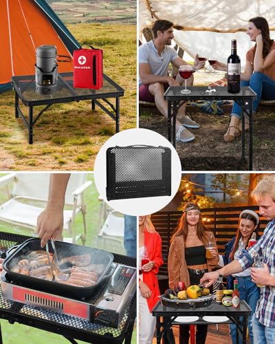 MSDADA Folding Grill Table, Height Adjustable Aluminum Table with Mesh Desktop and Mesh Bag, Portable Grill Table for Outdoor Camping, Picnic, Patio, Dining, BBQ, Party, Black, 23.6×15.7 inch