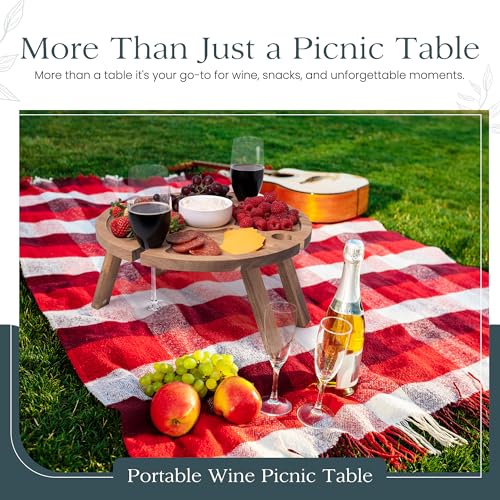 Portable Wine Picnic Table with 4 Wine Glasses Holder, Acacia Natural Wood Foldable Champagne Picnic Snack Table Tray, Perfect for Beach, Camping, Park, Concerts - Ideal Wine Gift for Men & Women