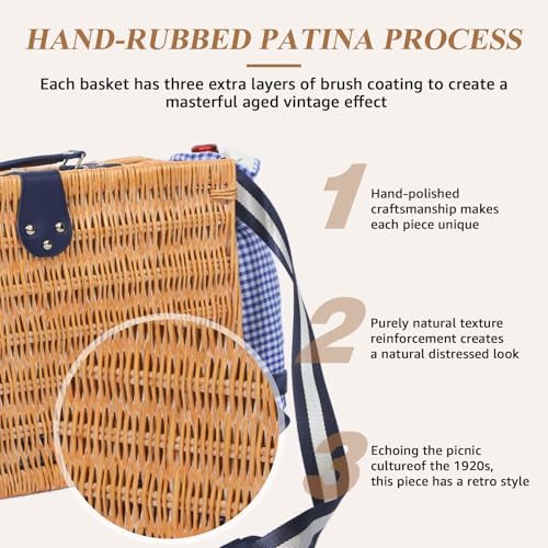 Picnic Basket for 2 with Blanket, Willow Picnic Basket Set with Shoulder Strap&Wine Pouch, Large Willow Hamper with Insulated Cooler for Outdoor, Camping, Beach, Couples, Wedding Gift - color: Blue and White Grid
