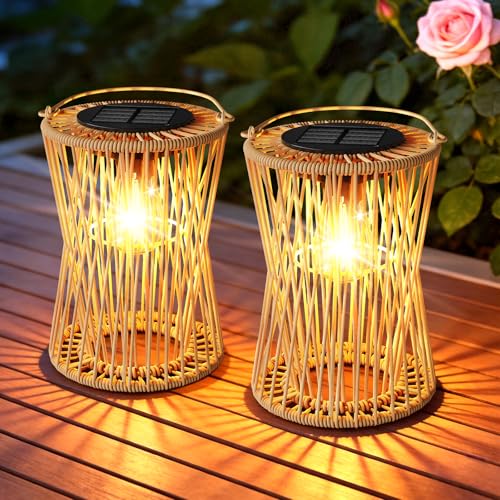Solar Lanterns Outdoor Waterproof 2 Pack, Upgraded Rattan Hanging Solar Lights for Outside with Handle, Bright Auto On/Off Decorative Outdoor Lanterns for Patio Garden Yard Porch, Gifts for Mom - size: 2 Pack