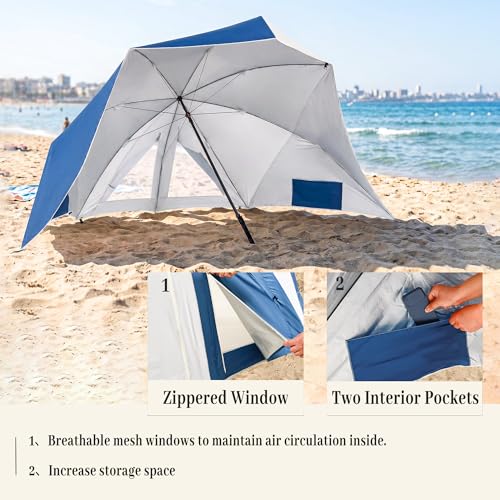UPWELL Beach Tent Easy Set Up Canopy Sun Shelter Shade with UPF 50+UV Protection Portable Beach Umbrella Outdoor Sunwall with Sand Pockets for Fishing Backyard Camping(Navy Block) - color: Navy Block