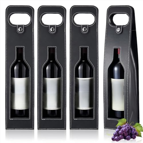 Abbylike 4 Pcs Wine Tote Bag Reusable Leather Wine Carrier Tote Purse Case Holder Single Bottle Champagne Beer Gift Bags Carrier for Valentine's Day Wedding Birthday(Window Style, Black)