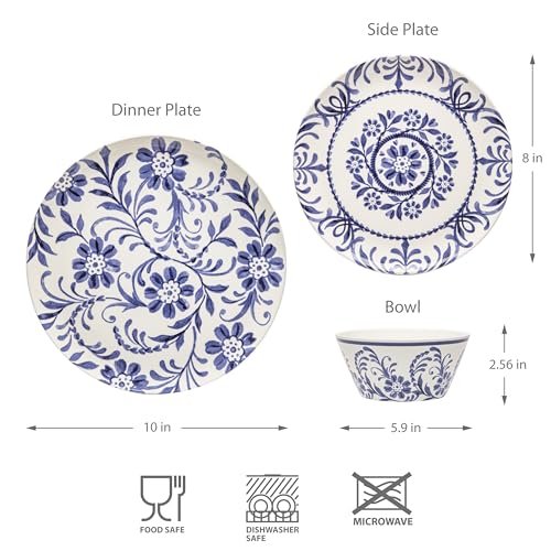 Bzyoo 12-Piece Melamine Dinnerware Set - Indigo Floral | Lightweight, Durable, BPA-Free | Dishwasher Safe Dish Set for Indoor & Outdoor Use - Perfect for Camping, BBQs, Kids Parties - color: Indigo Floral