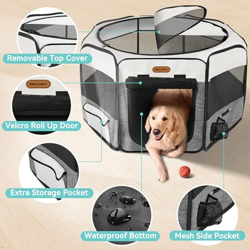 Seiyierr Dog Playpen, Portable Pet Play Pen Foldable Carrying Case, Puppy Pens Outsid for Small Cat Indoor/Outdoor, Removable Mesh Shade Cover - color: Grey, size: Extra Large