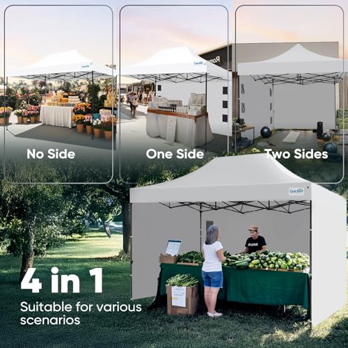 Quictent 10x15 Heavy Duty Pop up Canopy Tent with 3 Removable Sidewalls, Commercial Grade Instant Shelter with Wheeled Bag for Outdoor, Parties, Markets, 600D PU Coated UPF 50+ Sun Shield - color: White, size: 10x15