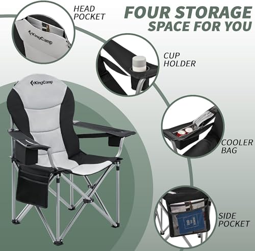 KingCamp Oversized Camping Folding Chair with Lumbar Support, Heavy Duty Ergonomic Padded Arm Chair with Cooler Bag, Cup Holder, Portable for Outdoor - color: Black/Mediumgrey