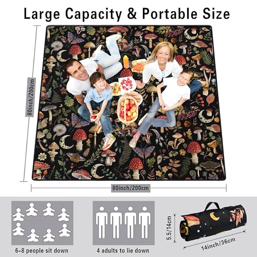 Supfitness Extra Large Picnic Blankets Waterproof Foldable (80"x 80") Mushroom Beach Blanket Waterproof Sandproof,3-Layer Thicking Mat Outdoor Packable Camping Blanket - color: Black-2, size: 6'8" x 6'8" (Square)