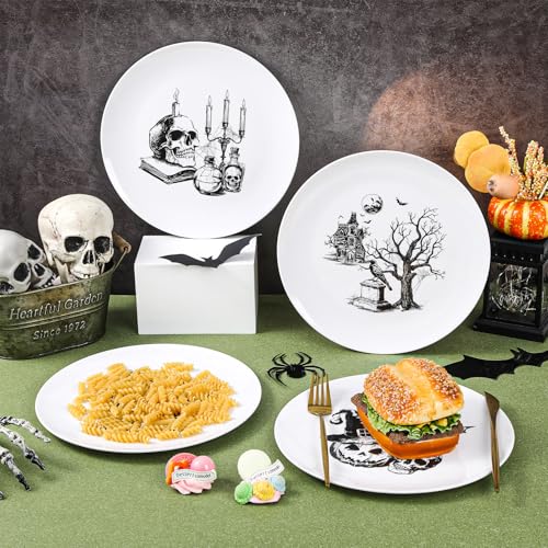 4 Set 10 Inch Halloween Gothic Plates Melamine Halloween Dinnerware Set Reusable Skull Candle Bat Tombstone Crow Melamine Plate Dishwasher for Toddlers Creatively Drop Resistant Cute Plastic Dish - style: Gothic