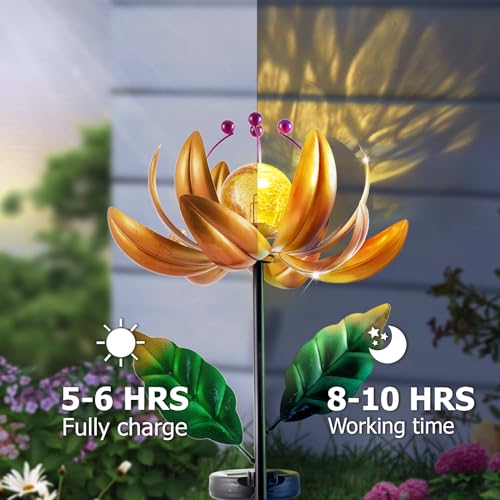 Solar Lights Wind Spinners for Yard and Garden - Metal Lotus Flower Windmills LED Crackle Glass Globe Outdoor Garden Decor Yard Art Lawn Ornament - color: Gold