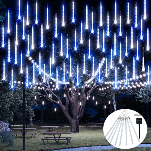 JMEXSUSS Blue and White Solar Meteor Shower Rain Lights, 30cm 8 Tube 144 LED Solar Christmas Lights for Party Holiday Yard Patio Decorations - color: Blue&White, size: 1*144LED
