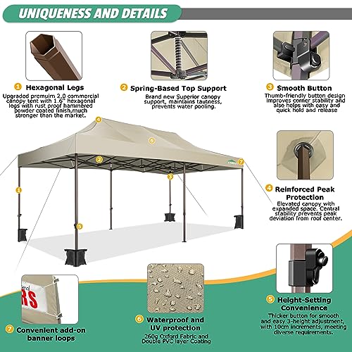 COBIZI 10x20 Pop Up Canopy Tent Heavy Duty with 6 Removable Sidewalls, Commercial Heavy Duty Pop Up Tent for Parties All Weather Waterproof and UV 50+ Wedding Tent with Roller Bag(Legs Upgraded) - color: Khaki, size: 10x20FT