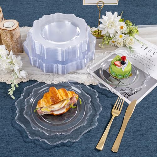 COLOSUS 100pcs Clear Plastic Plates - Heavy Duty Plastic Plates Disposable for Party/wedding Include 50pcs Dinner Plates and 50pcs Dessert Plates. - color: Clear