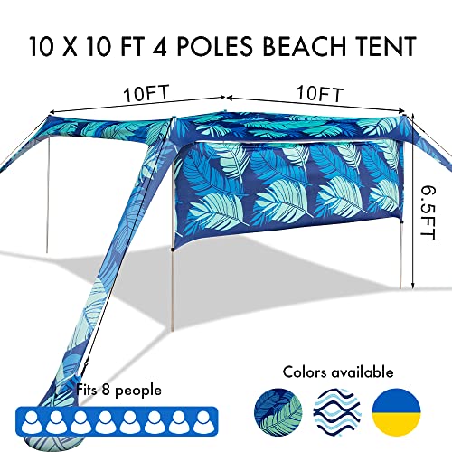 Beach Canopy Tent Shade with Sidewalls 10x10FT, 6.6FT Tall, UPF50+ Sun Shelter, Windproof & Water Resistant, Includes Guylines Sand Shovel Stability Poles, Easy Up for Beach Outdoor Camping Backyard - color: Leaves