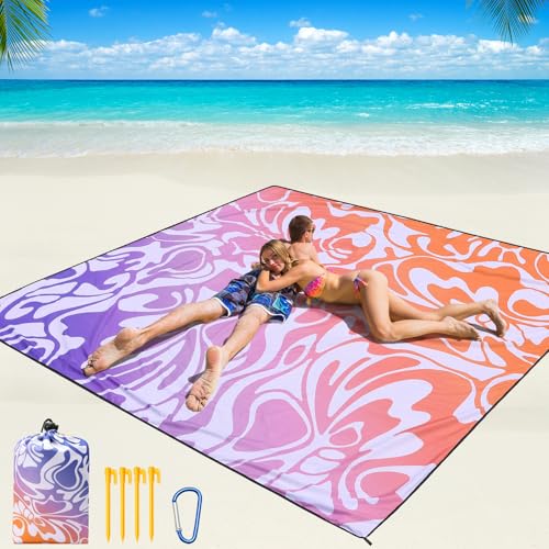 WIWIGO Beach Blanket Waterproof Sandproof Beach Mat 79" X 83"/10'x9'for 2-8 Adults Quick Drying Outdoor Picnic Mat Beach Accessories for Travel, Camping, Hiking - color: Big Flower-orange and Purple Gradient, size: 79" X 83"（1-4person）