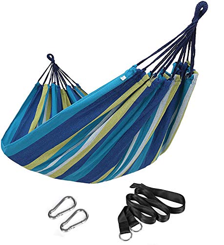 SONGMICS Double Hammock, 98.4 x 59.1 Inches, 660 lb Load Capacity, with Hanging Straps, Carabiners, Carry Bag, for Garden, Outdoor, Camping, Blue and Yellow Stripes UGDC15YU - color: Blue + Yellow Stripes