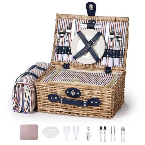 Wicker Picnic Basket for 2 with Waterproof Picnic Blanket and Insulated Bag Classic Red, White and Blue Stripes for Soccer Game, Camping, Travel, Birthday Gift, Wedding Gift - color: Red White and Blue Stripes