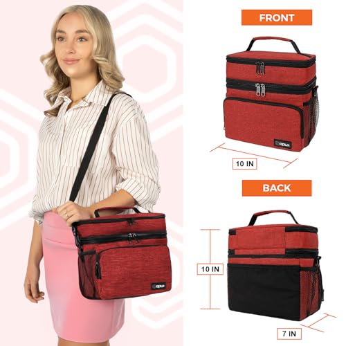 opux Insulated Lunch Bag for Men Women, Large Dual Compartment Cooler Bag, Soft Two Deck Lunch Box for Work School Picnic, Leakproof Lunch Tote with Shoulder Strap for Kid Adult (Red, Double Deck) - color: Heather Red, size: Double Deck