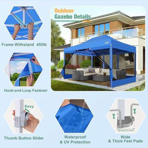 COBIZI 10x15 Canopy Tent, Heavy Duty Pop up Canopy with Sidewalls, Waterproof Easy Setup Canopy with Mosquito Netting, Outdoor Instant Screen Tents for Parties, Wedding, Backyard with Carry Bag, Blue - color: Blue, size: 10x15FT