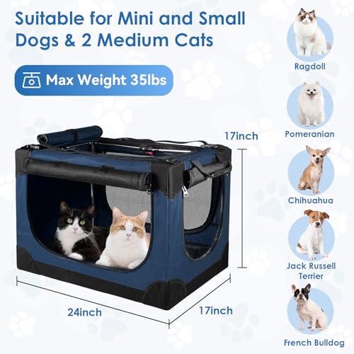 Soft Small Dog Crate - 24 inch Portable Travel Puppy Crate for Small Pets or 2 Cats, Collapsible Pet Carrier with 4 Mesh Doors, Car Kennel for Dogs with Handle for Indoor and Outdoor, Bule - color: Blue