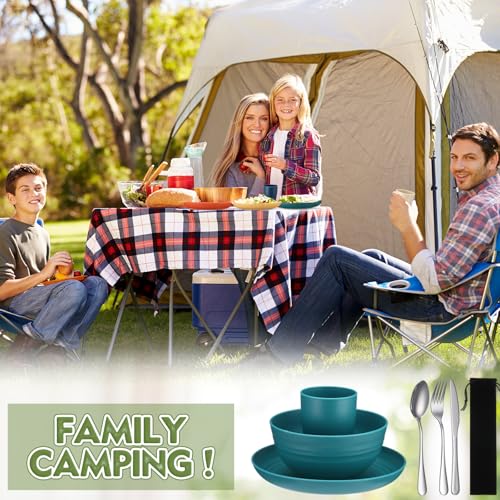 Teenyyou 4 Sets Camping Mess Kits for 4 Person Camping Silverware Set Include Cup, Bowl, Plate, Knife, Spoon, Fork Cutlery Set Unbreakable Wheat Straw Dinnerware Utensils for Travel - color: Bright Color