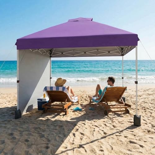 Garvee 10x10 Pop Up Canopy, Easy Up Outdoor Canopy Tent with Removable Sidewall, Portable Instant Commercial Tent Shelter with Vented Roof Roller Bag for Camping Picnic Beach, Purple