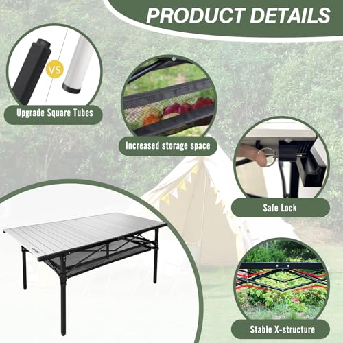 Large Folding Camping Table Aluminum with Storage for 4-6 People 55"X27.5" Roll Up Tall Outdoor Portable Table Lightweight with Carry Bag for Picnic BBQ Backyard Beach - color: Silver-55*27.5-2.08in Panel