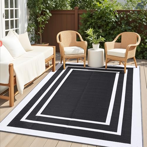 OLANLY Outdoor Rug 5x8 ft Waterproof, Reversible Outdoor Plastic Straw Rug, RV Mat, Indoor Outdoor Carpet Clearance for Patio, Camping, Balcony, Deck, Backyard, Black & White - color: Black & White, size: 5' X 8' (Rectangular)