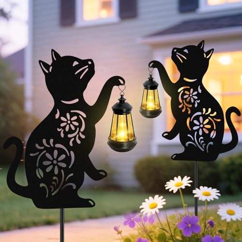 Solar Cat Hanging Lantern Outdoor, 2 Pack Black Cat Solar Lights, Cat Lover Gifts for Women Mom Grandma Birthday Mother's Day, Waterproof Garden Ornaments Decor Outside Backyard Patio Pathway - color: Cat-Warm White-2 Pack