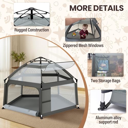 Baby Playpen with Self-Inflating Play Mat & Travel Bag, Portable Outdoor Playpen for Babies and Toddlers, Foldable Pop Up Play Tent for Home, Park, Beach and Camping (Grey)