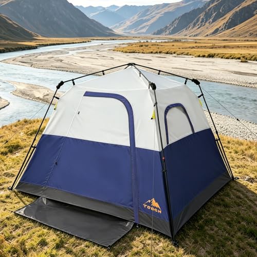 3/4 Person Camping Tent with 1 Door, 4 Windows, and Upgraded Ventilation– Instant Setup, Waterproof, 8'x 8'x 67''Oxford Fabric Floor Pop Up in 60 Seconds Includes Rainfly and Backpack - color: 4 Person Dark Blue/2-Layer