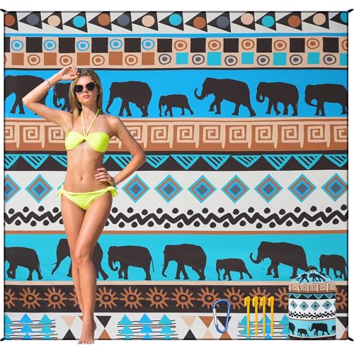 HIHOHO Beach Blanket Waterproof Sandproof Beach Mat for 1-8 Adults Quick Drying Durable Outdoor Picnic Mat for Beach Festival Travel Camping Hiking (Elephant-GN, 79"×83"(4 Person)) - color: Elephant-gn, size: 6'11" x 6'7"