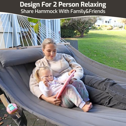 CHULIM Double Quilted Fabric Hammock with Hardwood Spreader Bars and Pillow 450 LBS Capacity 2 Person Large Hammock for Outdoor Patio Backyard Poolside - Tan - color: Tan