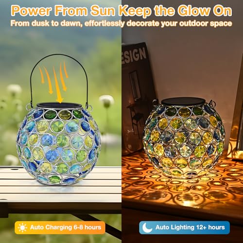 Uspring 2 Pack Crystal Mosaic Solar Lanterns Outdoor Waterproof Decorative Hanging Solar Lights for Outside, Gifts for Women Mom Grandma Garden Decor for Patio Backyard Porch Pathway Walkway, Blue - style: Blue - 2Pack
