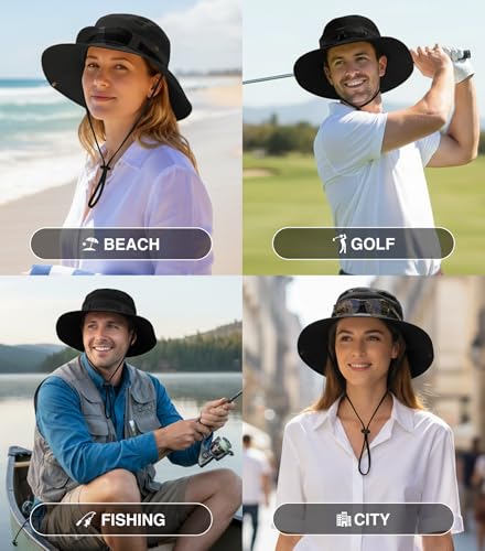 GearTOP Wide Brim Sun Hat for Men & Women, UPF 50+ Fishing Hat with Detachable Neck Flap & Face Cover Gardening Boonie Sunhat - color: Black Wanderer