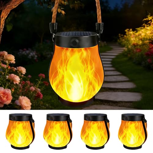 4 Pack Solar Lanterns Outdoor Waterproof, Flickering Flame Hanging Lanterns Decorative Outdoor with 2 Modes, Dual Charging USB & Solar-Powered Outdoors Lantern for Porch Yard Patio Tree Garden Decor - size: 4 Packs