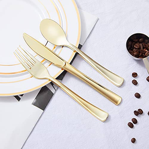 N9R 300PCS Gold Plastic Silverware, Heavy Duty Gold Plastic Cutlery Set Disposable Flatware Dinnerware, 100 Forks, 100 Spoons, 100 Knives, Perfect for Party, Wedding and Daily Use - color: Gold-300Pack