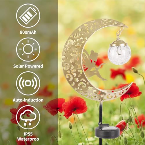Solar Lights Outdoor Waterproof Fairy Moon Crackle Glass Lights with Metal Angel Decor for Walkway Yard Patio or Garden Gifts for Mom Grandma Friends - color: Gold Moon Fairy