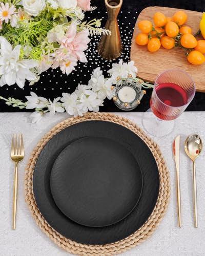 WONDERFUL 32pcs Black Plates Black Plastic Plates Unbreakable and Reusable Plastic Plate Dishwasher safe Dishes Set Includes:16 Dinner 10" & 16 Dessert Plate 7.3" Suitable for Camping Outdoor Party - color: Black
