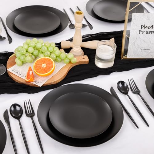 EI 150pcs Black Plastic Plates Frosted Plastic Plate,Premium Heavy Duty Black Plastic Plates,Black Disposable Plates with Plastic Silverware,10.25" Dinner Plates and 7.5" Dessert Plate Wedding Party - color: Black Frosted Plastic Plates