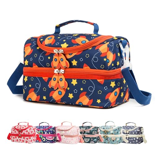 Insulated Kids Dual Compartment Lunch Bags Tote for Girls Boys Toddler Lunch Boxes Pre-School Toddler Kindergarten Picnic Camp Food Cooler Thermal with Strap (Star Rocket) - color: Star Rocket