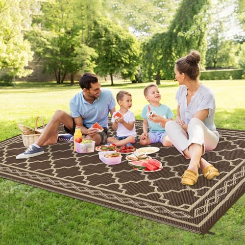 GarveeHome 10x20 Outdoor Rug for Patio Waterproof Rug Large Outside Rugs Reversible Plastic Straw Patio Camping Rugs Foldable Camping Carpet for Backyard, Deck, Picnic, Beach, Trailer, Brown/Beige - color: Brown/Beige(geometric), size: 10' x 20' (Rectangu