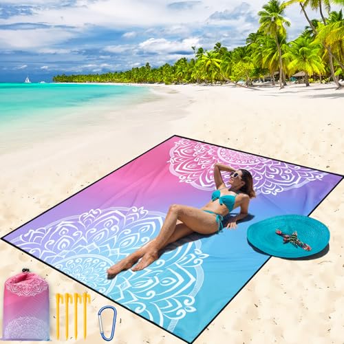 WIWIGO Beach Blanket Waterproof Sandproof Beach Mat 79" X 83"/10'x9'for 2-8 Adults Quick Drying Outdoor Picnic Mat Beach Accessories for Travel, Camping, Hiking - color: Bluepink, size: 79" X 108"（1-6person）