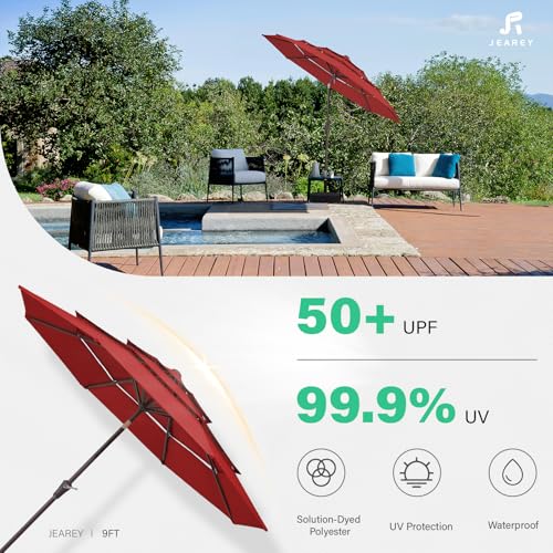 JEAREY 9FT 3 Tier Patio Umbrella Outdoor Market Umbrella Table Umbrellas with 8 Ribs 1.5 Pole Push Button Tilt and Crank UV Protection for Garden,Red - color: Red