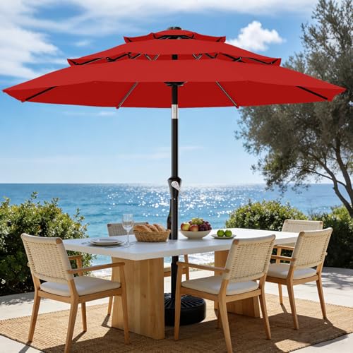 AreShark 9ft 3-Tier Patio Umbrellas, Outdoor Umbrella with 8 Sturdy Ribs UV Protection Windproof, Market Table Umbrella w/Push Button Tilt & Crank for Pool, Porch, Deck, Garden(Red) - color: Red